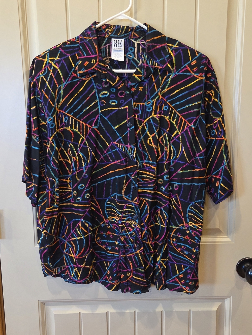 Vtg 80s 90s Basic Editions Neon Abstract Rayon Button Down Shirt Plus 18